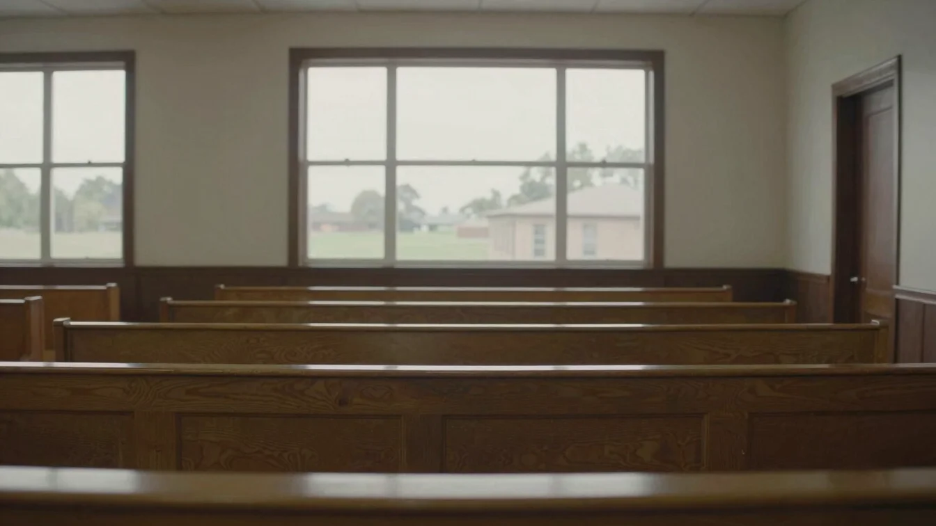 Documentary photograph of a quiet civic interior in a small county courthouse, natural window light, empty wooden benche
