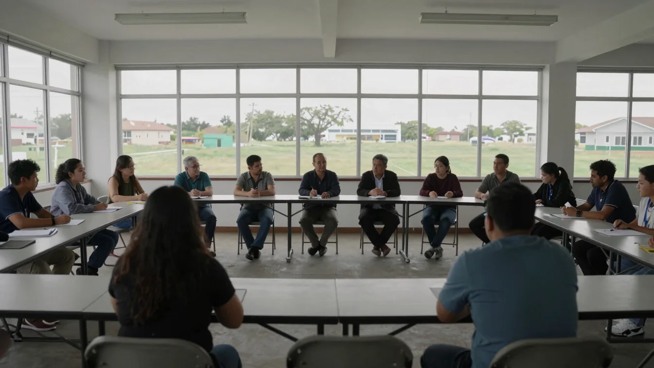 Documentary photograph of a community meeting room with folding chairs and a long table, overcast window daylight, candi