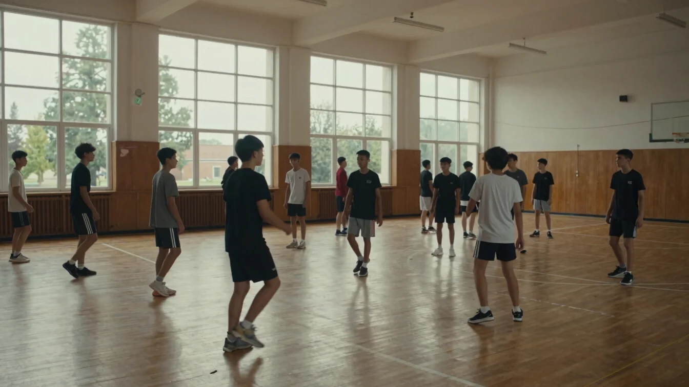 Documentary photograph of students playing in a school gymnasium during practice, natural daylight from high windows, ca