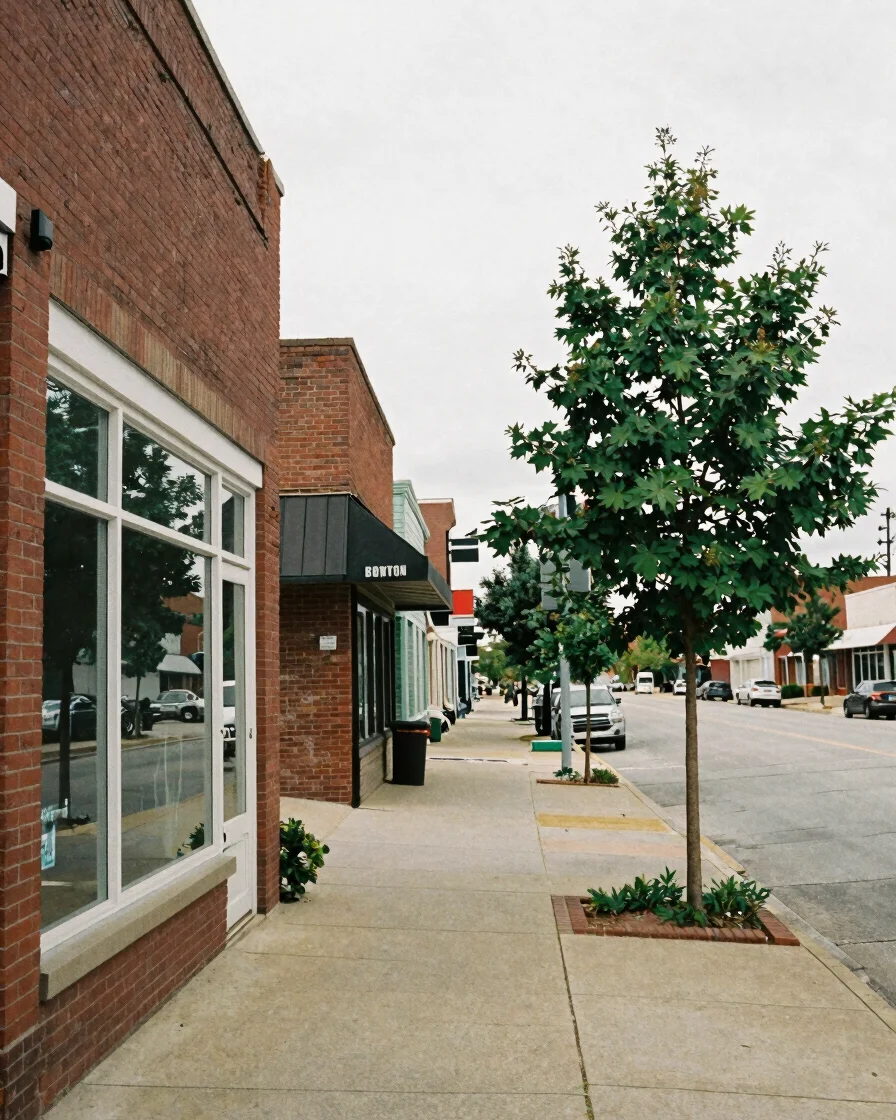 Documentary editorial photograph of a quiet Benton, Illinois stre