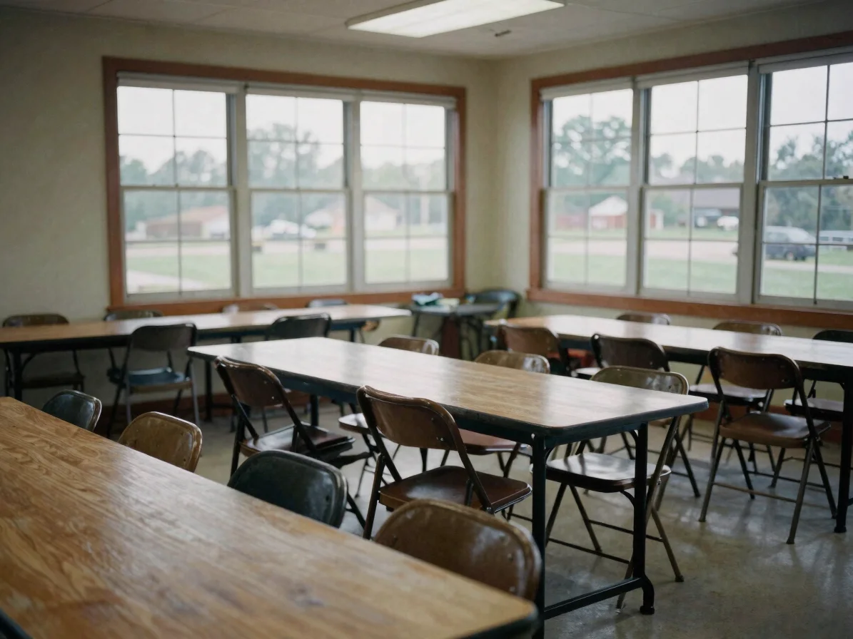 Documentary editorial photograph of a small civic meeting room in