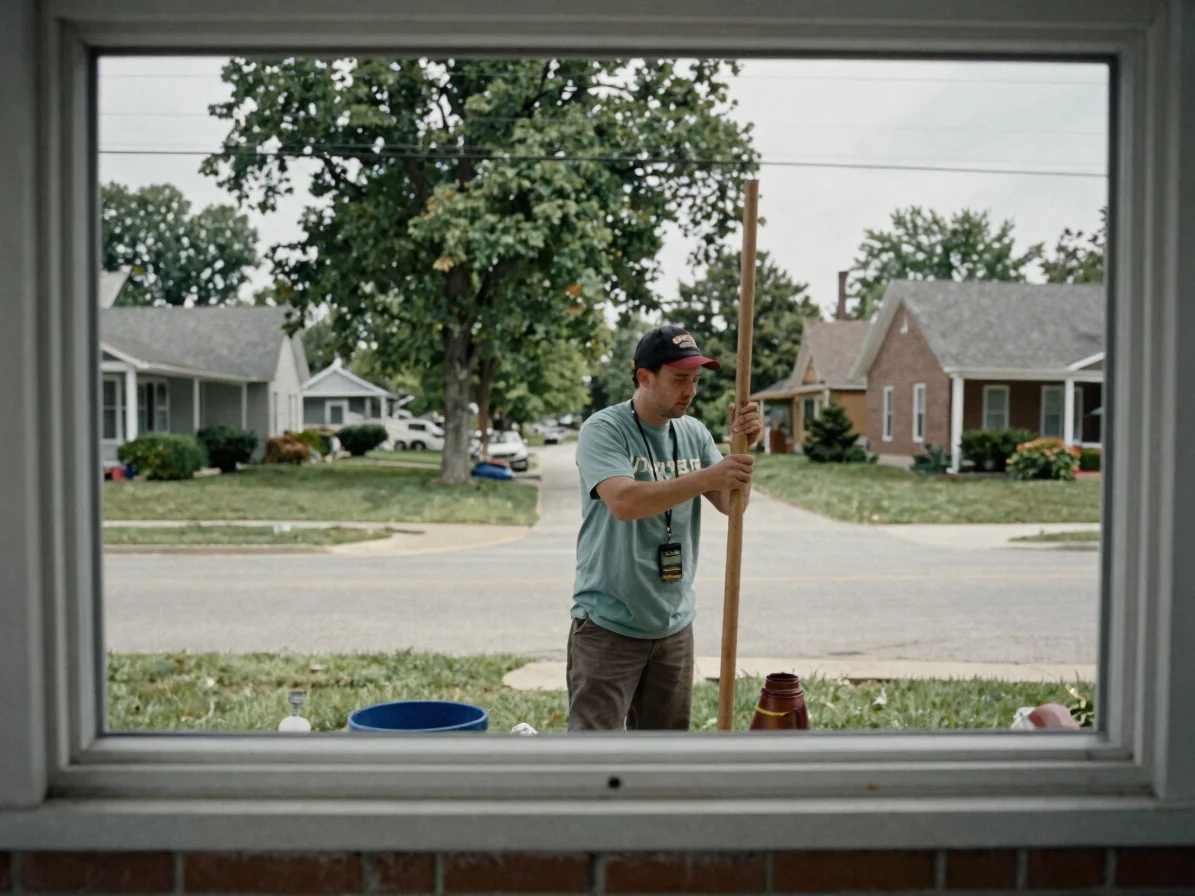 Documentary editorial photograph of a local volunteer working on