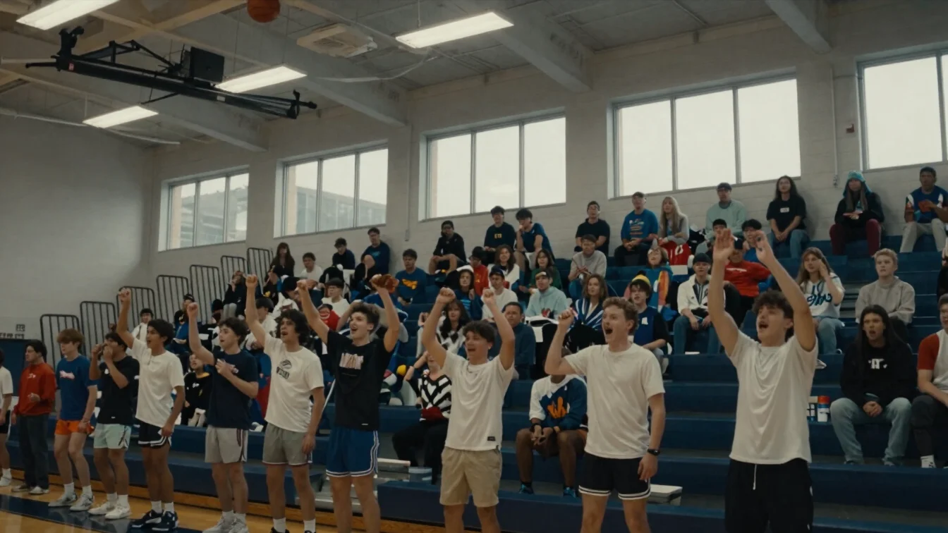 Documentary editorial photograph of a high school gymnasium during a basketball game, natural overhead gym light and day