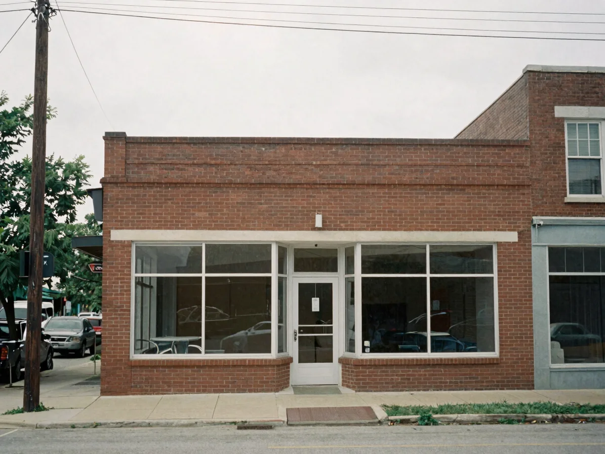 Documentary editorial photograph of a brick storefront on a tree-